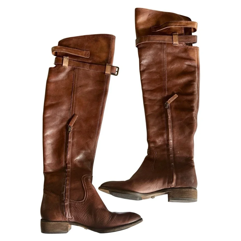 Sam Edelman Womens 7.5 Over The Knee S-Pierce Distressed Tan Brown Leather Boots